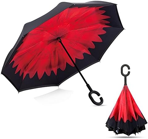 Travel Umbrella, Double Layer UV Protection Auto Open Reverse Folding Umbrella,Outdoor Golf Windproof Sunscreen Sun Umbrella ,Unique Self-Standing &amp; C-Shape Handle (Red)