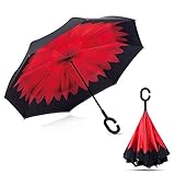Travel Umbrella, Double Layer UV Protection Auto Open Reverse Folding Umbrella,Outdoor Golf Windproof Sunscreen Sun Umbrella ,Unique Self-Standing & C-Shape Handle (Red)
