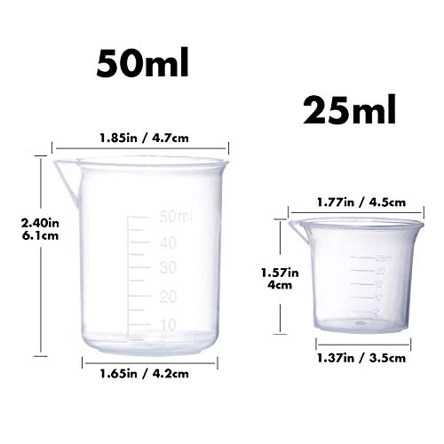 Plastic Beaker Set, 5 Sizes Low Form Measuring Graduated Griffin Polypropylene Beakers in 500 ml, 250 ml, 100 ml, 50 ml, 25 ml for Laboratory, Science Experiments with 5 Plastic Droppers in 3 ml。