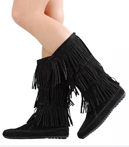 Women's Faux Suede Moccasin Fringe Mid Calf Boots in Black, Camel, Grey, Beige (5.5, Black)