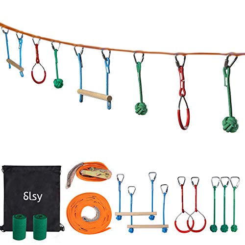 Slsy Ninja line Monkey Bar Kit 40 Foot, Kids Slackline Hanging Obstacle Course Set Warrior Training Equipment for Backyard Outdoor Playground, with Gym Rings, 440lb Capacity, Carrying Bag