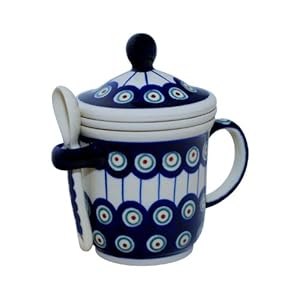 Boleslawiec Pottery Teecup with lid, tea strainer and spoon, Original Bunzlauer Keramik, Decor 8