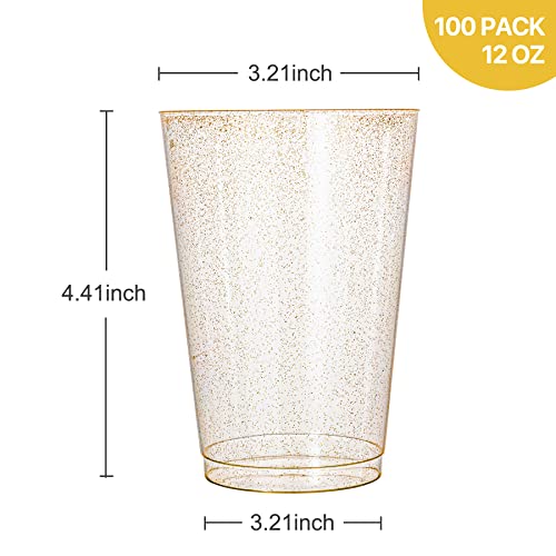 N9R 100pcs 12oz Gold Plastic Cups, Gold Glitter Plastic Cups Disposable