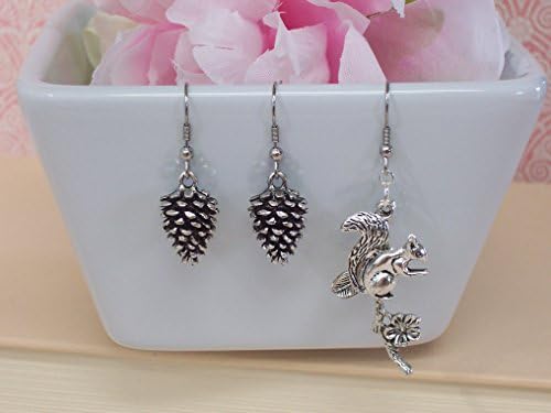 Silver Pine Cone, Squirrel, and Dogwood Branch Earrings Mismatched Asymmetrical Mix and Match