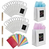 24 White Kraft Paper Gift Bags with Scratch Paper Panel for Customization, Tissue Paper Included! Unique Bulk Paper Bags with Handles are Great as Small Gift Bags, Party Favor Bags & Kraft Paper Bags