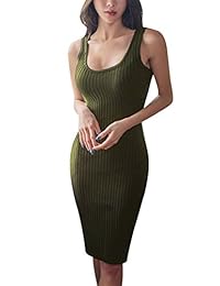 FAIMILORY Algodón De punto Scoop Neck Stretch Hasta la rodilla Bodycon Casual Midi Tank Dress