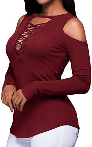 Women Fall Casual Blouse Long Sleeve Tshirt Deep V Neck Lace Up Burgundy L
