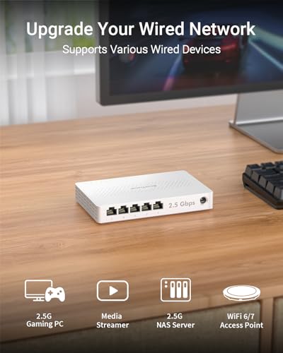BrosTrend 5 Port 2.5GB Switch, Unmanaged Ethernet Switch for Game Console, PC, NAS, etc. 2.5 Gigabit Network Switch Fanless Plug & Play, Multi-Gigabit Switch, Desktop / Wall Mount, Lifetime Protection