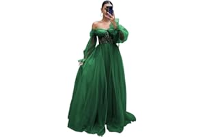 Fokissy Long Sleeve Tulle Prom Dresses Ball Gown Womens A Line Lace Applique Puffy Formal Evening Gowns