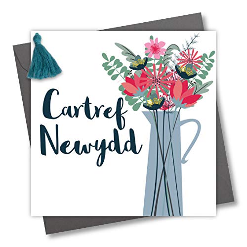 Claire Giles Greeting Cards, Welsh New Home Card, Vase of Flowers Congratulations on Your New Home Greeting Card, Embellished with a Colourful Tassel