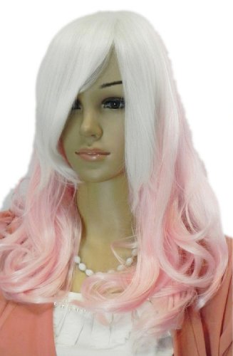 Paixpays Fashion Women Lady White Pink Multicolor Long Curly Wavy Cosplay wig