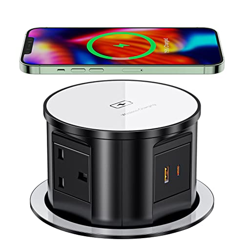 LBOYLOVE® Pop-up Power Socket, Hidden Recessed Power Socket with 15W Wireless Charging, 4 UK Plug Sockets, 1 USB Charger Port & 1 Type-C Charger Port, for Home, Office, Kitchen, Worktops, Desktop