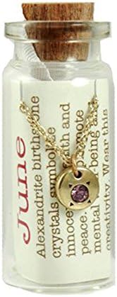 June Birthstone Necklace in a Bottle with 16-18 Inch Gold Chain(lucky Feather)