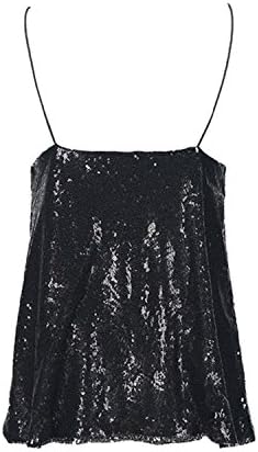 JIAONIZUOREN Women Glitter Mermaid Sequin Tank Tops Spaghetti Straps Cami Female Crop Blouses Black M