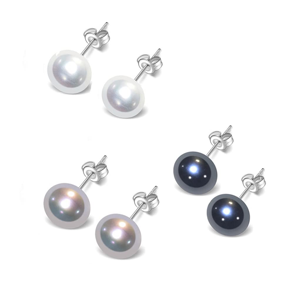 TreasureBay Women's Large Pearl Stud Earrings 8-9mm Freshwater Pearl Stud Earrings With 925 Silver (Black-White-Grey set) — image 1
