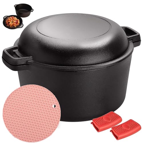 2 En 1 Horno Holandés Hierro Fundido con Tapa,4.7L Olla Holandesa Redonda,Doble Función Horno Espesado,con Mango Y Almohadilla de Silicona,para Varias Estufas,Se puede freír o saltear,Diámetro 26cm