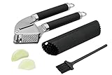 Garlic Press–Best Professional Garlic Mincer-Stainless Steel Crusher / Presser with Tube Peeler and Cleaning Brush