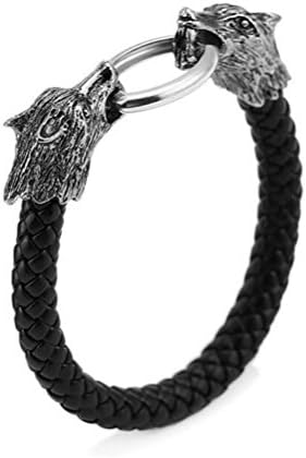 Mens Black Braided Leather Bracelet Bangle Wristband with Black Zinc AlloyWOLF/ TIGER/DRAGON / Dragon / Snake / Scorpin / Lion / SKULL Ornaments Best Gifts 8.6" /21cm (Wolf)