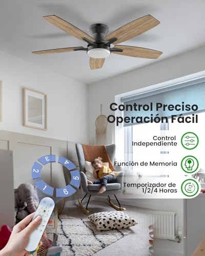 Airwit Ventilador de Techo con Luz de 107cm, 42 Inch Ceiling Fan, Abanicos de Techo Montaje Empotrado con Control Remoto, 6 Velocidades, Luz LED de 3 Colores, 5 Cuchillas, Motor CC Reversible, Negro