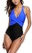 ALove Women's One Piece Bathing Suit Color Block V Neck Wrap Tummy Control 1 Piece Swimsuit Large Royal-Black