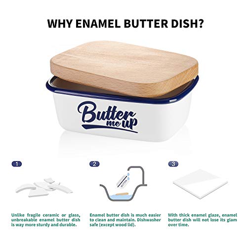 SveBake Butter Dish - Enamel Butter Boat with Beechwood Lid, Butter me up, White - Thumbnail 2