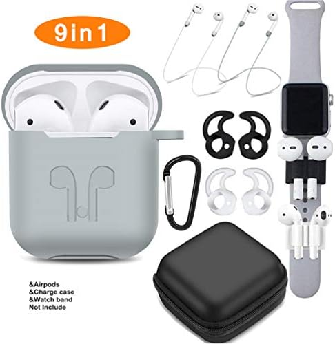 TAOSANHU Airpods Case, Airpods Accessories Set,9 in 1 Protective Silicone Cover and Skin Compatible Apple Airpods with Anti-Lost Airpods Strap/Ear Hook/Watch Band Holder/Keychain/Zipper Box (Gray)