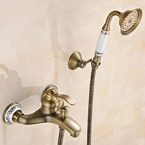 HomeLava Bathtub Faucet with Shower, Retro Brass Single Lever Wall Mounted Shower Mixer Tap Single Lever Bathroom Mixer Tap Brass Wall Mounted