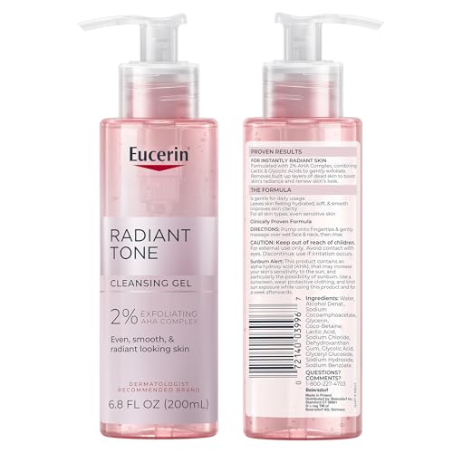 EUCERIN RADIANT TONE FACE CLEANSER GEL WITH 2% EXFOLIATING AHA COMPLEX, GENTLE FACE WASH IMPROVES SKIN CLARITY AND BOOSTS RADIANCE, ALL SKIN TYPES, 6.8 FL OZ BOTTLE