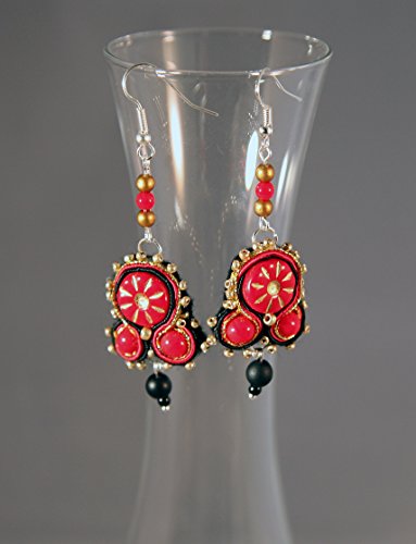 Black Red and Gold Soutache Earrings