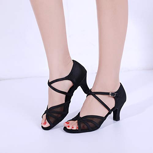 CLEECLI Women's Ballroom Dance Shoes Latin Salsa Dancing Shoes+Shoes Bag ZB04(7,Black-2.5 Inch Heel)