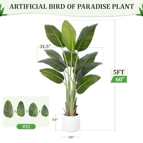 ZEEOZE Artificial Plant Bird of Paradise 150 cm Decorative Artificial Plants with 10 Banana Leaves, Large Indoor Artificial Plant with White Pot for Home Decoration Living Room Home Room Decor