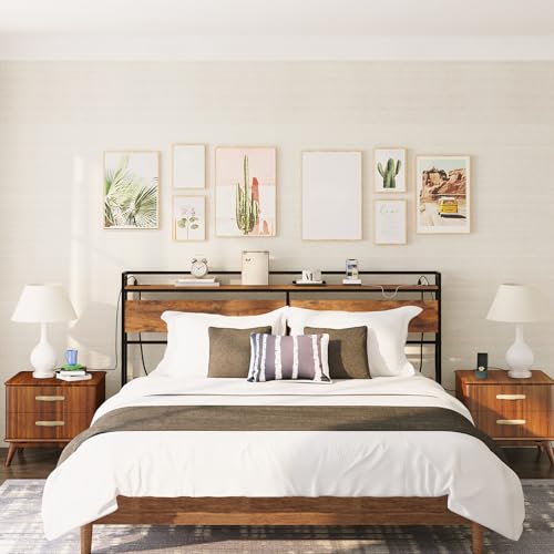 HOOBRO King Size Headboard with Storage, Wooden King Headboard with Power Outlets, Industrial King Bed Headboard Only, Adjustable Height, with Metal Frame, Rustic Brown and Black EBF98KBH01