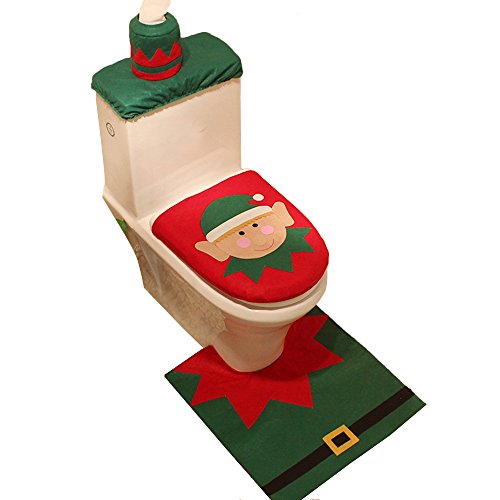Festive Christmas Bathroom Decoration Set, 3-Piece Plush Snowman and Santa Toilet Seat Cover and Rug Set with Tank Tissue Box Cover For Holiday Bathroom Ornament (Santa Elf)