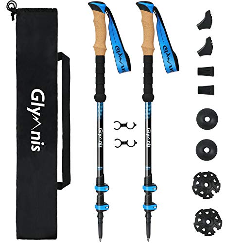 Glymnis Trekking Poles 3 Sections Adjustable Length 65-135 cm Aluminium 7075 with Quick Lock System and Cork Handle for Hiking Blue