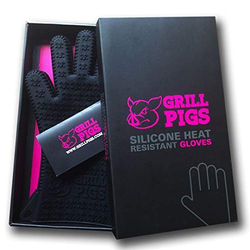 Grill Pigs BBQ Oven Gloves Heat Resistant Oven Mitts Lifetime Replacement Silicone Kitchen Gloves for Grilling or Cooking Waterproof Pot Holder Best Barbecue Hot Food Handling Set of 2