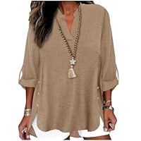 Linen Shirts for Women Linen Shirts for Women Dressy Spring Tops 2026 3/4 Length Sleeve Womens Shirt Tunic Blouses Beach Vacation Summer Khaki S