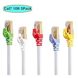 Cat7 Ethernet Cable 10 ft 5 Pack White (Muticolored Plugs), AULLOV High Speed Flat RJ45 Cat-7/Category 7 Internet LAN Computer Patch Cord Cable, Faster Than Cat5/Cat6