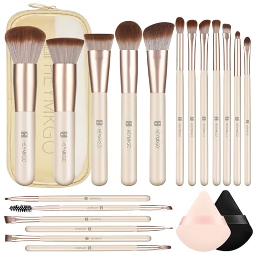 HEYMKGO Makeup Brushes Set, 18pcs Professional Makeup Brushes with 2 Powder Puff & Travel Bag, Premium Synthetic Foundation Powder Blush Blending Face Brush Kit, Eyeshadow Set Makeup Brushes & Tools - Used condition - CA$21.84