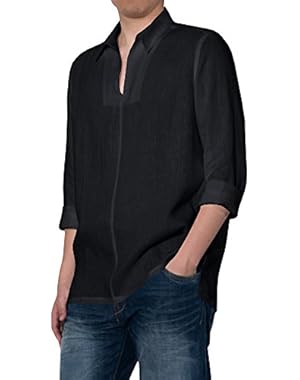 Mens Buttons up Shirts Casual Crew Neck Long Sleeve Loose Solid T Shirt Tops