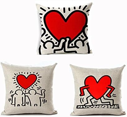 Andreannie Set of 3 Keith Haring's Graffiti-Art Printing Style Cotton Linen Throw Pillow Case Cushion Cover Sofa Car Home Office Decorative Square 18 X 18 Inches¡­