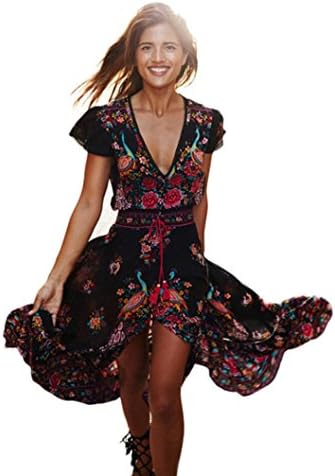 Women Dress Nighter Ladies Bohemian Floral Printed V-Neck Long Dress (S, Black)