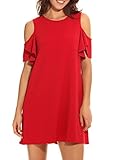 PrinStory New Women's Chiffon Cold Shoulder Sleeve Dress Red 14