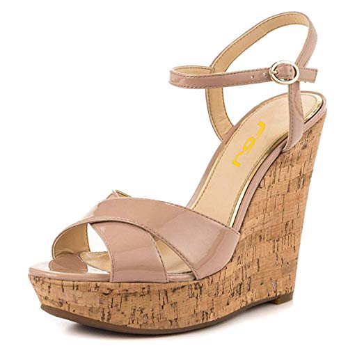 FSJ Women Peep Toe Platform Cork Wedge High Heel Ankle Strap Summer Sandals Party Pumps Size 8.5 Nude