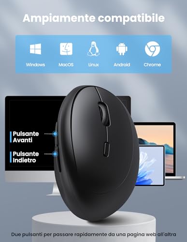 TECKNET Vertical Mouse, Ergonomic Rechargeable Bluetooth Mouse, Multi-Device (BT5.0/3.0 + 2.4G), 4800 DPI, Silent Clicks, 6 Buttons for PC, Laptop, Mac - Black