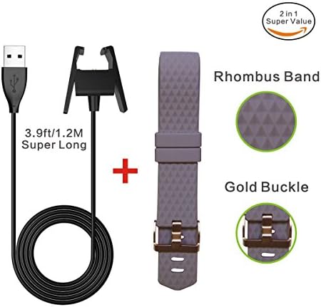 Fitbit Charge 2 Extra Long Wire Charger Cable 3.9ft/1.2M+Fitness Fitbit Wristband Gold Clasp Soft Diamond Bands,Blush Pink Large