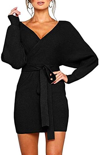 MANSY Women's Sexy Cocktail Batwing Long Sleeve Backless Mock Wrap Knit Sweater Mini Dress