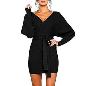 Mansy Women’s Sexy Cocktail Batwing Long Sleeve Backless Mock Wrap Knit Sweater Mini Dress