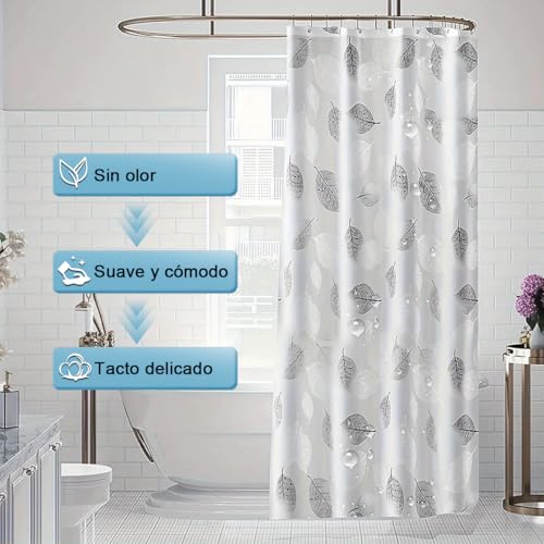 Cortina de Baño para Ducha 180x180cm Cortina para Regadera Impermeable PEVA 12 Ganchos Shower Curtain Opaca a Prueba de Moho para Hogar Bañeras Cabina Hotel Protección de Privacidad Patrón de Hojas