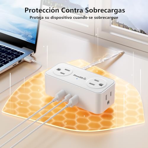 SMALLRT Multicontacto Extension Electrica Plano, Regleta Multicontacto 3 USB(1 USB C), 6.5FT Extensión Plana para Pared con 4 Salidas de CA, Conector Multiple Enchufe para Hogar, Oficina, Cruceros