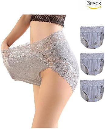 Certeux Womens Cotton Lace Panty Plus Size Stretch High Waist Lingerie Grey XL 3 Pack